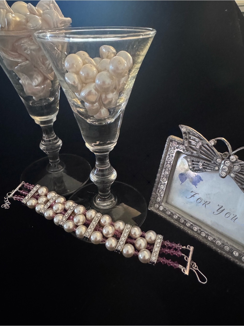 Faux Pearl and Pink Crystal Statement Bracelet-Handmade